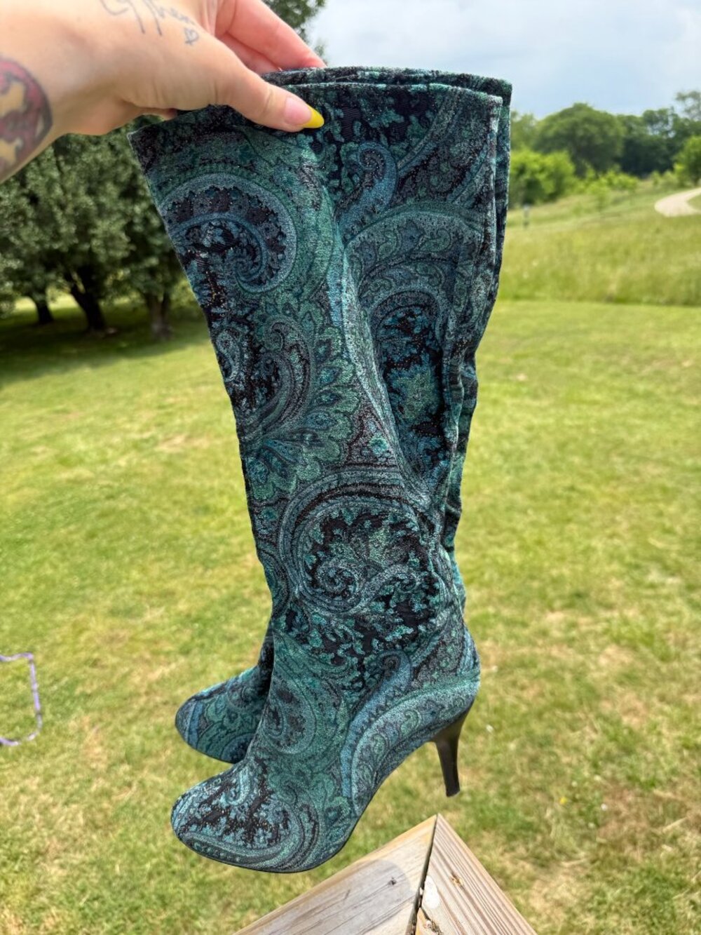 Paisley Knee High Heels sz9.5 Y2K Boho Glam Coquette Festival Boots 3584 - Picture 5 of 14